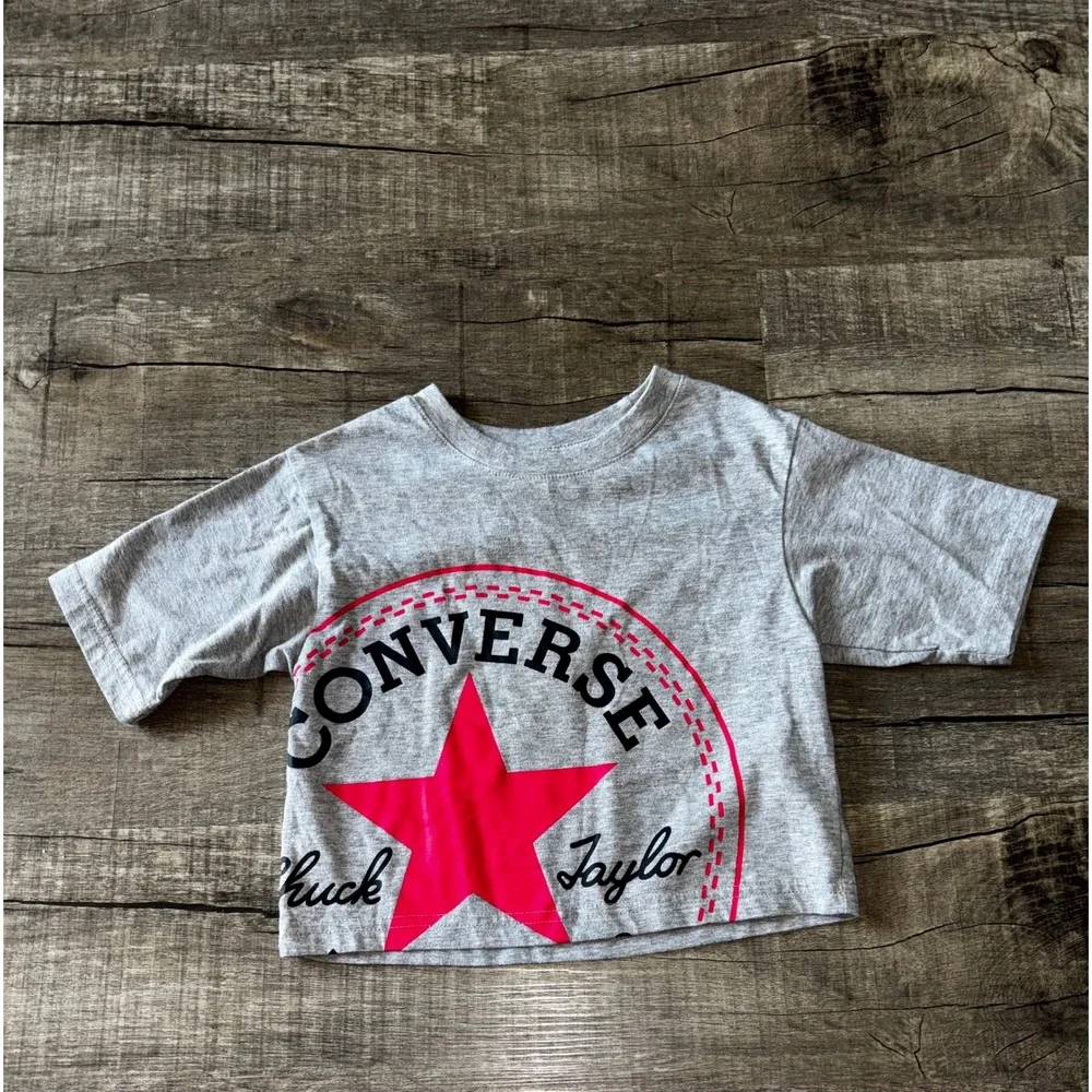 Converse Chuck Taylor All Star Girls Heather Gray Pink Star Graphic T-Shirt Sz 5